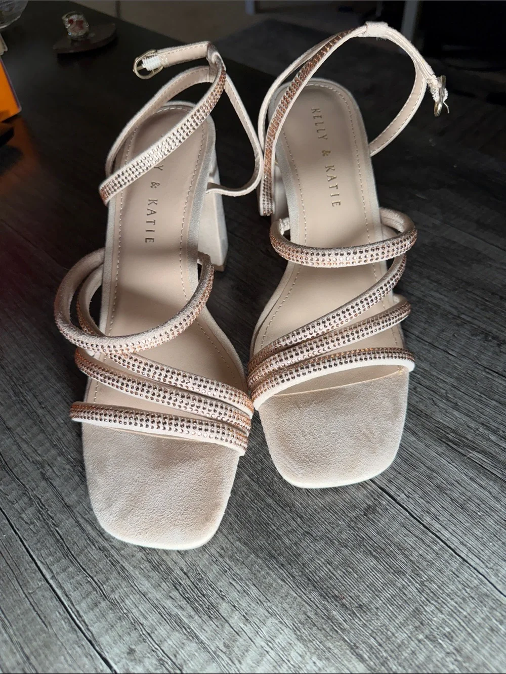Kelly & Katie Blush Strappy Block Heel Sandals with Rhinestone Trim